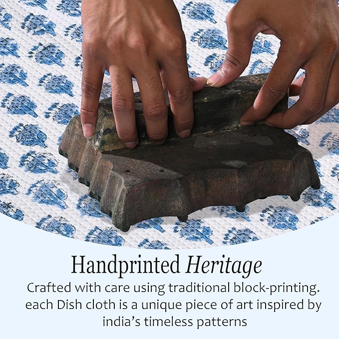 CPC Apatite Blue Hand Block Printed Cotton Waffle Dish Cloth Set of 6-12x12 Inch Super Absorbent, Soft, Reusable Kitchen Towels for Dish Drying & Cleaning Ideal for Spring, Mother's Day