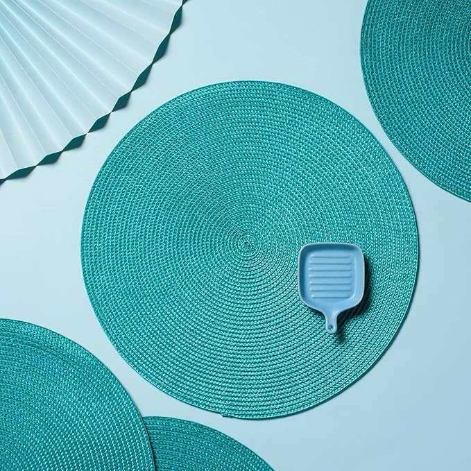 AHHFSMEI Round Placemats Set of 6 Heat Resistant Washable Non-Slip Woven Braided Table Mats for Dining Table Kitchen & Home Decor (Turquoise)