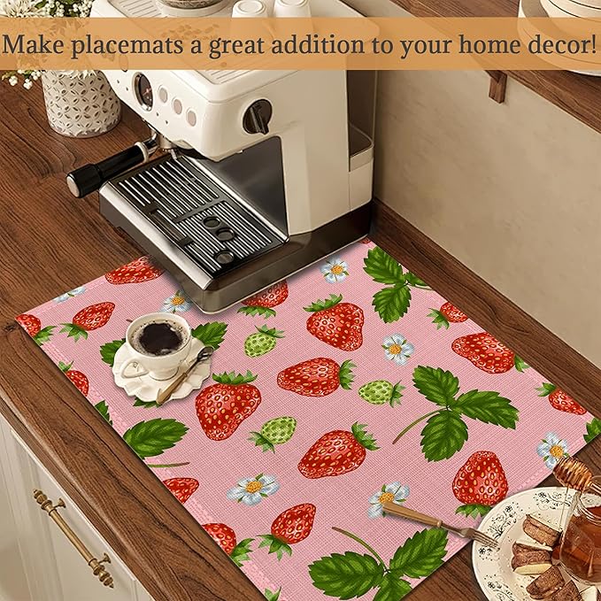 Strawberries and Leaves Placemats Set of 6 Washable Table Mats for Kitchen Dining Table,Heat-Resistant Place Mats for Indoor Outdoor Party Holiday Decoration