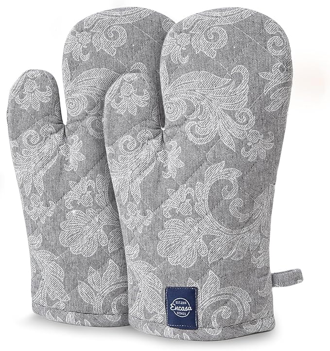 Encasa XO Oven Gloves Heat Resistant | Microwave Cooking Mittens for Baking & Kitchen Use | 12x7 in | Cotton Utensil Holder - Chambray Fabric (Pack of 2, Grey)