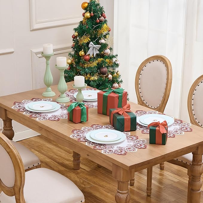 White Red Linen Placemats 14”x20” Set of 2, Neutral Lace Coffee Table Topper Dresser Scarf Place Mats (Set of 2, Red)