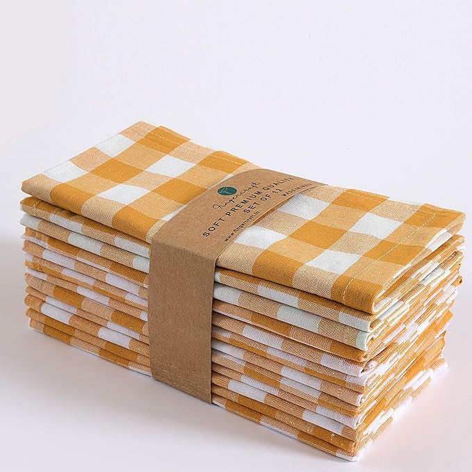 FINGERCRAFT Cloth Napkins, Everyday Use, Premium Quality, Cotton Buffalo Plaid, Set of 12, 20X20 Inch Oversized Napkins Cloth Mitered Corners, Soft, Durable Hotel Quality Yellow White Checkered