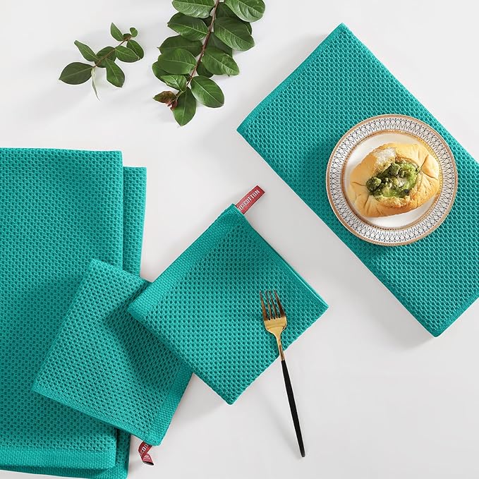 Homaxy 100% Cotton Kitchen Towels and Dishcloths Set, 12 x 12 Inches and 13 x 28 Inches, Set of 16 Bulk Kitchen Towels Set, Ultra Soft Absorbent Dish Cloths for Washing Dishes, Teal