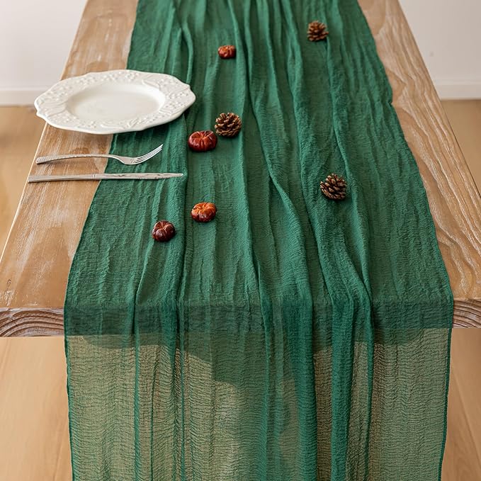 Keketoarrange 3pcs Emerald Green Table Runner Cheesecloth Gauze 120 Inch 10 FT Rustic Boho Cheese Cloth Table Decor for Wedding Baby Bridal Shower Party Long Sheer Vintage Spring Home Decorations