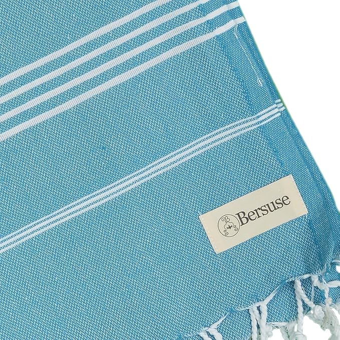 Bersuse Towels Anatolia XL Beach Blanket Throw Blanket Turkish Towel 100% Cotton Extra-Large Quick-Dry Lightweight Premium Peshtemal Towel - 61x82 Inches, Sea Blue (Set of 3)