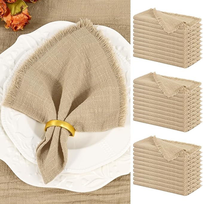 Showgeous 30 Pack Caramel Cloth Napkins with Fringe 16x16 inch 100% Cotton Caramel Napkins Handmade Dinner Napkins Bulk Washable Soft Rustic Table Napkins for Wedding Parties Bridal Baby Shower
