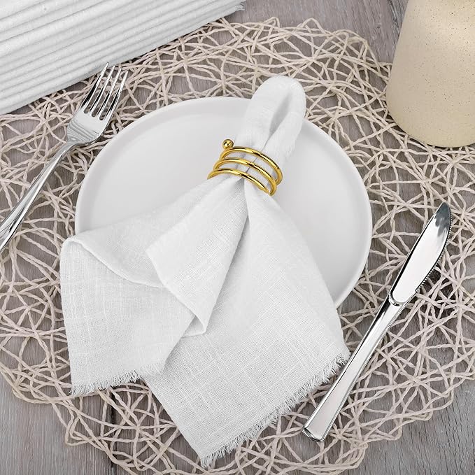 TURSTIN 24 Pieces Cotton Linen Cloth Napkin Handmade Cloth Napkin with Fringe 17 x 17 Inch Soft Cloth Dinner Wedding Napkin Square Rustic Fringe Table Napkin for Parties, Weddings, Ivory White
