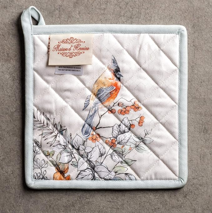 Maison d' Hermine Pot Holders Set 100% Cotton Heat Resistant Potholders 8" x 8" Hot Pads with Loop for Thanksgiving Christmas Decorations Baking Handling Hot Pans (Pack of 2, Whitish Shabby Chique)
