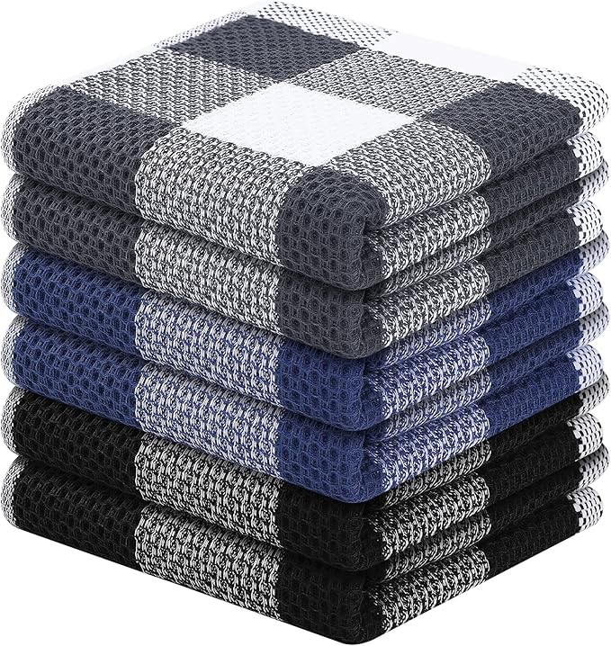 Homaxy 100% Cotton Waffle Weave Check Plaid Dish Cloths, 12 x 12 Inches, Super Soft and Absorbent Dish Towels Quick Drying Dish Rags, 6-Pack, Mix Color