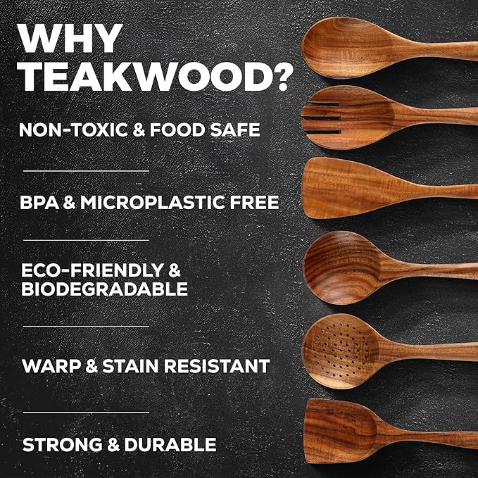 Zulay Kitchen 7-Piece Wooden Cooking Spoons Set – Heat-Resistant, Smooth Teak Utensils with Comfort Grip – Lightweight & Durable – Easy to Clean, Perfect for Non-Stick Cookware