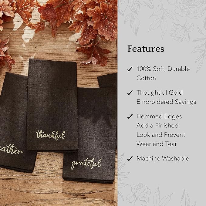 Elrene Home Fashions Harvest Fall Sentiment Embroidered Napkins, Set of 4, 17"x17", Brown