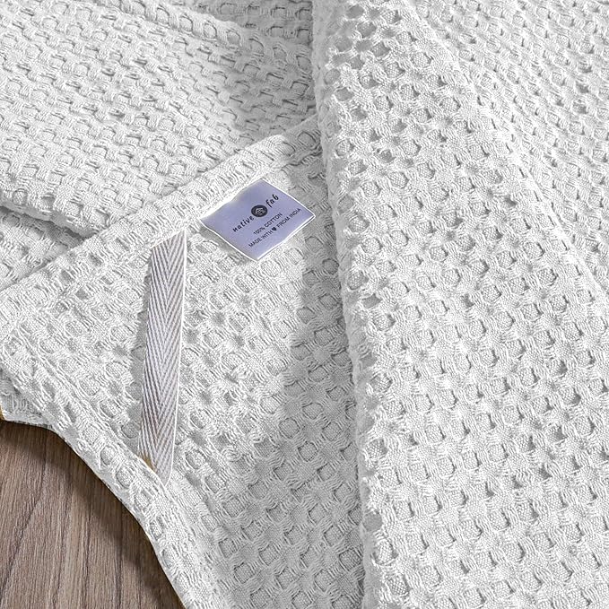 Native Fab 4-Pack Premium Waffle Kitchen Towels with Hanging Loop 16x26 inches, Soft Absorbent, Cotton Dish Towels for Cleaning Drying Dishes, White