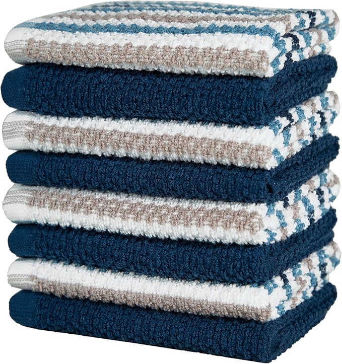 Bumble Premium Dish Cloths Towel 12"x12" | 100% Natural Ring Spun Cotton Tea Towel Set | 430 GSM | Highly Absorbent & Soft Dish Towels | 8 Pack - 4 Popcorn Wide Striped & 4 Solid Kitchen Towels - Blue