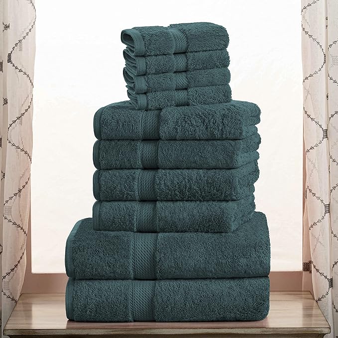 SUPERIOR Egyptian Cotton Pile 10 Piece Towel Set, Includes 2 Bath, 4 Hand, 4 Face Towels/Washcloths, Ultra Soft Luxury Towels, Thick Plush Essentials, Guest Bath, Spa, Hotel Bathroom, Teal
