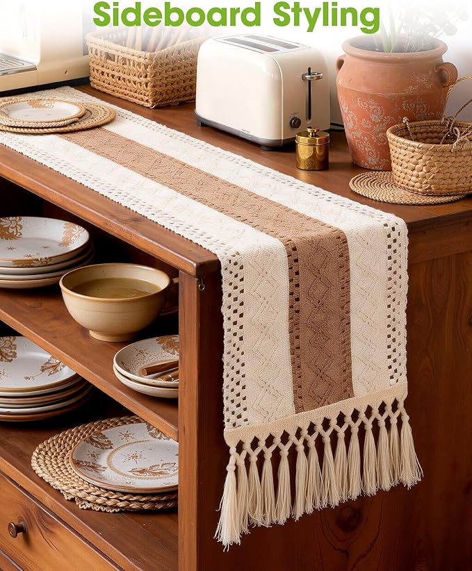 Pureegg Farmhouse Boho Table Runner - 72 Inches, Linen-Textured Woven Tassel Design for Dining Table Decor, Kitchen, Coffee Table & Living Room, 12 x 72 Inch, Brown