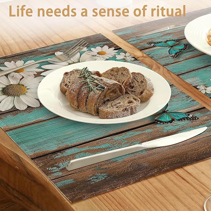 Placemats Set of 6,White Daisy Table Mats, Vintage Wood Washable Linen Table Mats,Non-Slip Heat Resistant Placemats for Party Kitchen Dining Indoor Outdoor 12"x18"