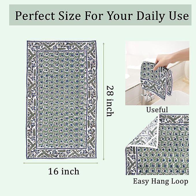 Ridhi Basil Green Hand Block Print Waffle Kitchen Towel Set of 3-16 x28 Ultra Absorbent Quick Dry 100% Cotton Dish Towels Lightweight Reusable Sustainable Tea Towels for Cleaning and Drying