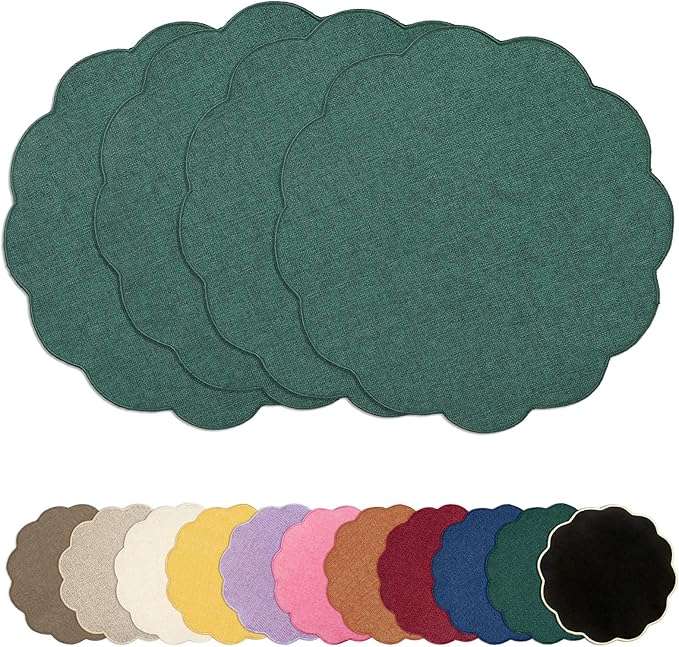 AHHFSMEI Round Faux Linen Placemats Set of 4 Heat Resistant Non-Slip Stain Proof Table Mats for Kitchen Dining Elegant Decor Place Mats (Forest Green,4)