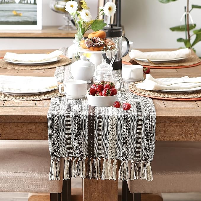 DII Farmhouse Braided Stripe Table Runner Collection, 15x108 (15x113, Fringe Included), Dark Brown