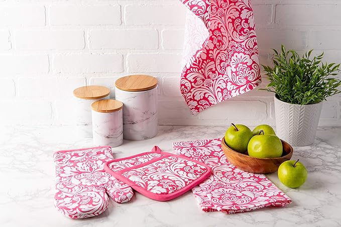 DII Quilted Kitchen Oven Mitt & Potholder Set, Hanging Loop for Convenient Storage, OM 6.5x12/PH 8x8.5, Pink Damask Print, 2 Piece