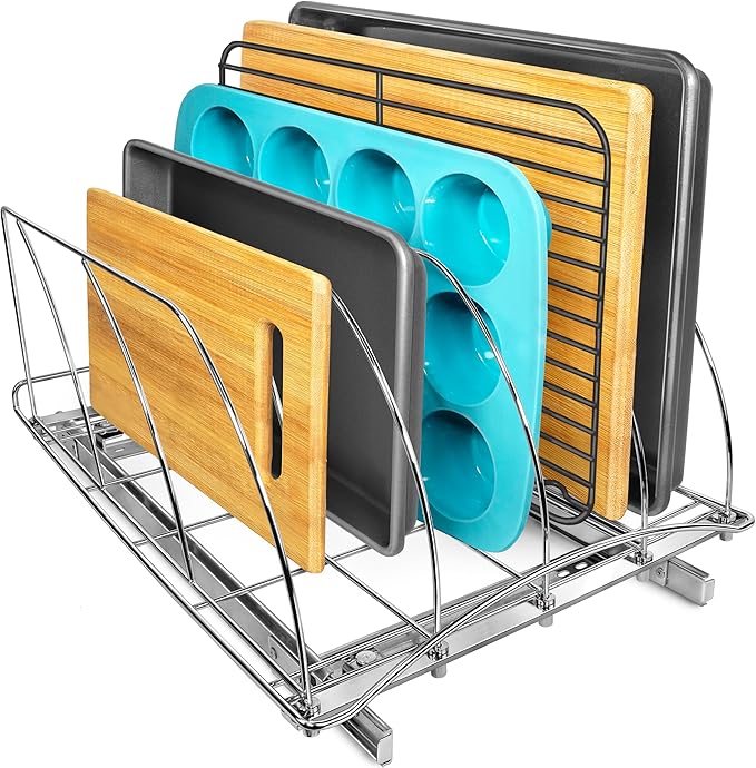 LYNK PROFESSIONAL® Pull Out Cookie Sheet Organizer for Cabinet – Baking Sheet Organizer – Sheet Pan Organizer - Lifetime Ltd. Warranty – 14” x 21” Deep Inside Cabinet, Chrome