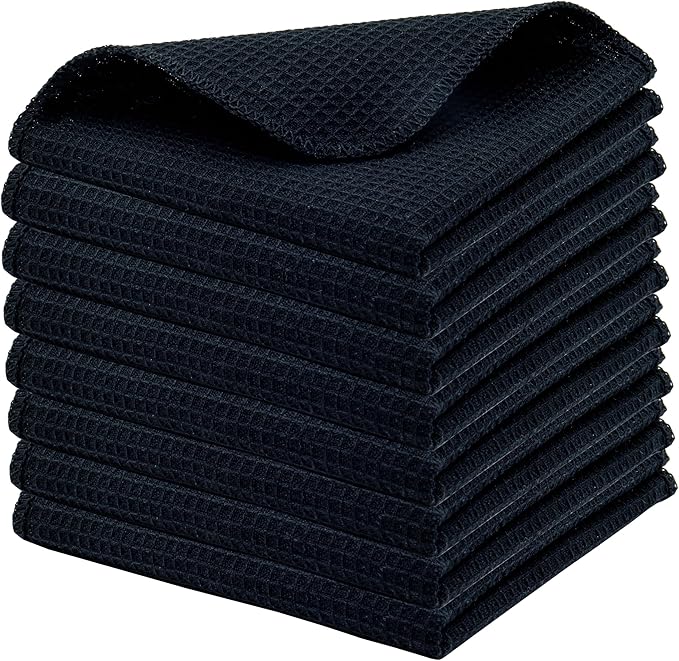 PurpleEssences Dish Cloths and Dish Rags - 8 Pack Waffle Weave Solid Kitchen Dish Wash Cloths, 100% Cotton, 12x12 Inches, Ultra Soft Absorbent Quick Drying - Spring Easter Summer - Black