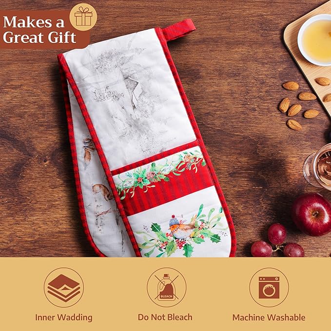 Maison d' Hermine Double Oven Mitt (7" x 35") 100% Cotton Heat Resistant BBQ Cooking Gloves with Loop for Thanksgiving Christmas Decorations Baking Cooking Handling Hot Pan (Christmas Tradition)