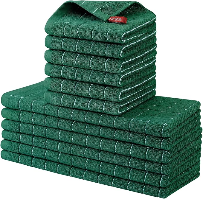 Homaxy Kitchen Towels and Dishcloths Set, 12 x 12 and 13 x 28 Inches, Set of 12 Bulk Cotton Terry Kitchen Towels Set, Checkered Designed, Soft and Super Absorbent Dish Towels, Dark Green