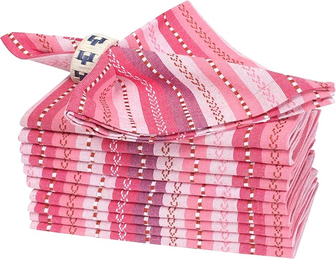 Homidate Cotton Cloth Dinner Napkins Set of 12 – 18x18 Pink Multi Salsa Stripe – Reusable Machine Washable Fabric Napkins for Weddings, Parties, Kitchen & Everyday Dining