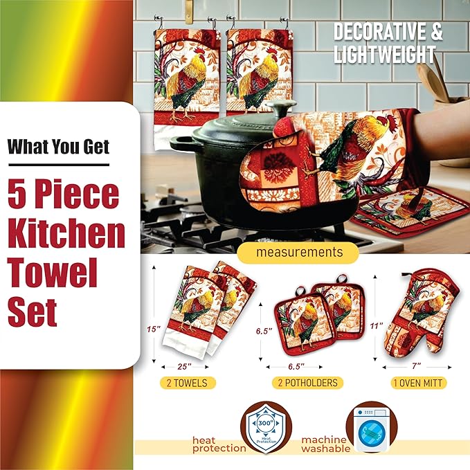 Lobyn Value Packs: Decorative & Functional Rustic Rooster Kitchen Set – 5 Piece Kitchen Towel Set with 2 Decorative Dish Towels (25 X15), 1 Oven Mitt (11 X 7) and 2 Potholders (6.5 X 6.5)