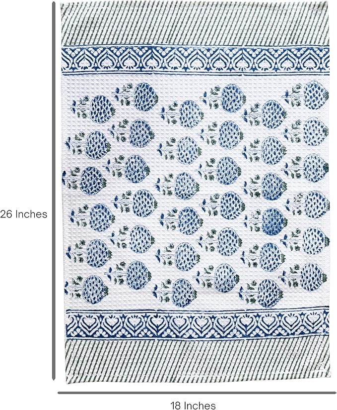 ATOSII 100% Cotton Hand Block Print Waffle Kitchen Towel, Set of 3, 18 x 26 Inches Ultra Absorbent Quick Dry Dish Towels, Lightweight Reusable Sustainable Tea Towels for Cleaning and Drying, Roma Blue
