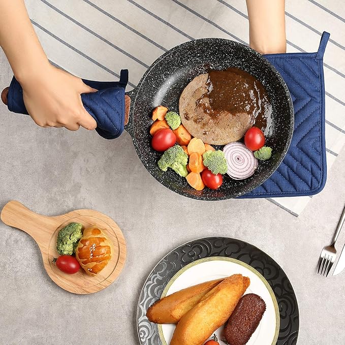 Cotton Pocket Pot Holders Machine Washable Heat Resistant Hot Pads for Kitchen Square Blue Oven Mitts 7"x9" Set of 3