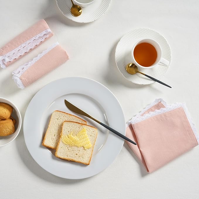 Fingercraft Dinner Cloth Napkin Cotton Linen Blend 12 Pack Mitered Corners with Elegant Lace for Everyday Use Napkins are Pre Shrunk and Good Absorbency (Pink, 12in x 12in) Easter Color