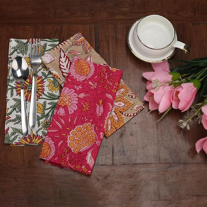 Marubhumi 10 Pc Cotton Cloth Napkins- Hand Block Print, Eco-Friendly, Dinner Napkins, Floral,Hand Made Size 16x16 Inch Printed Home Decor Multicolored