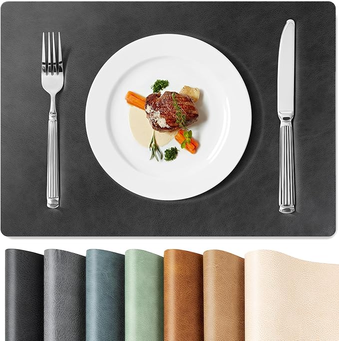Roxifina Faux Leather Placemats Set of 6 - Vinyl Placemats Wipeable Waterproof Oil-Proof PU Place Mats Heat Resistant Reversible Table Mats for Dining, Kitchen, Outdoor, 12 x 17 Inch (Washed Black)