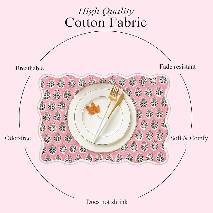 CPC Cotton Placemats Poopy Pink Set of 4-Hand Block Printed Reversible Placemats, Flower Scalloped & Embroidered Cloth Table Mats - 14 x 20 inch Gift for Spring, Mother's Day