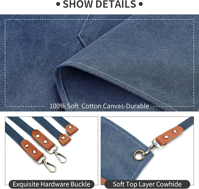 ZOMAO Cotton Canvas Cross Back Apron for Men and Women,Chef Apron With Adjustable Strap and Large Pockets,Kitchen Cooking Baking Bib Heavy Duty Work Apron