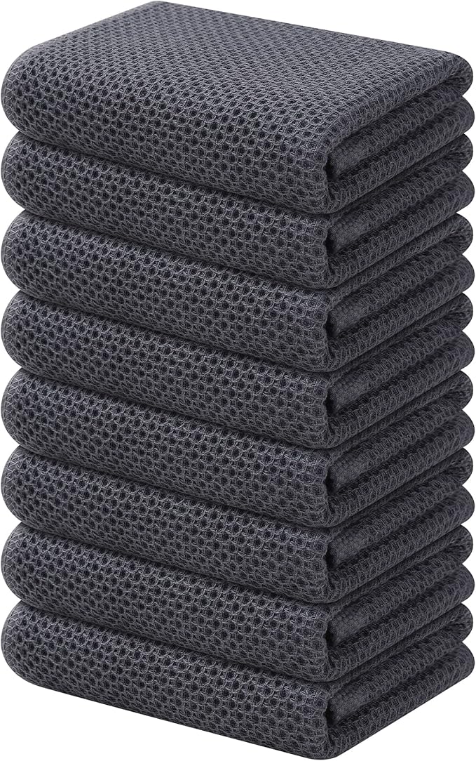 Kitinjoy 100% Cotton Waffle Weave Kitchen Hand Towels (13 X 28 Inches, Dark Grey), 8-Pack Super Soft and Absorbent Dish Towel for Drying Dishes
