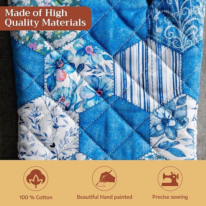 Maison d'Hermine Oven Gloves 100% Cotton Oven Mitt 7" x 13" with Loop Heat Resistant BBQ Cooking Gloves Baking Grilling Gifts for Mothers Day Spring/Summer (Pack of 1, Summer Blues)