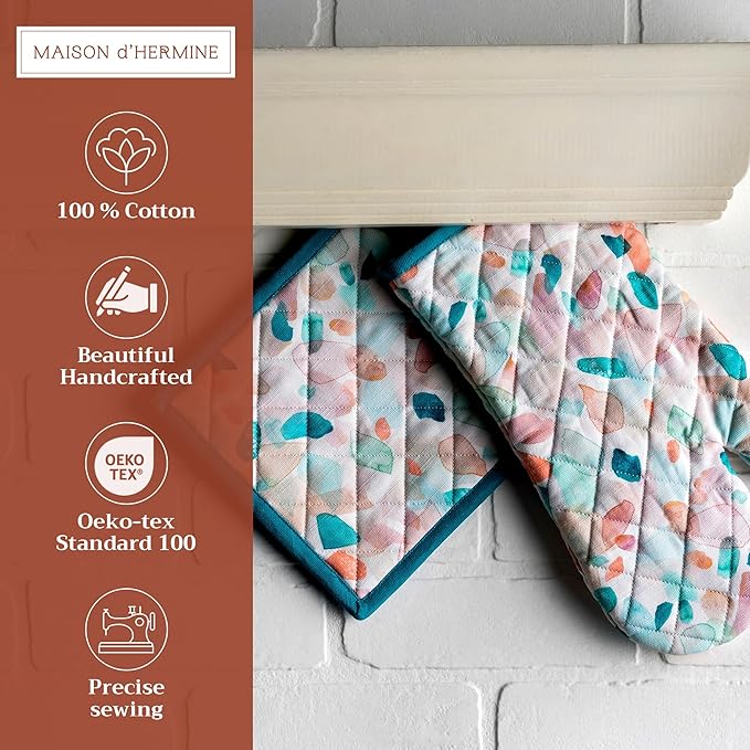 Maison d' Hermine 100% Cotton Oven Mitt & Pot Holder Set (7.5"x13" & 8"x8") Heat Resistant BBQ Cooking Gloves with Loop Baking Grilling Kitchen Gifts for Mothers Day Spring/Summer (Summer Picnic)