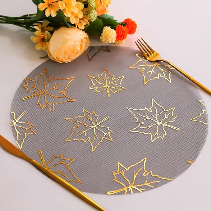 Snowkingdom 24 Pcs Fall Placemats, Black Gold Metallic Maple Leaves Thanksgiving Decoration, 13 inch Round Disposable Placemats, Golden Charger Kitchen Dining Table Mats for Autumn Harvest Party Decor