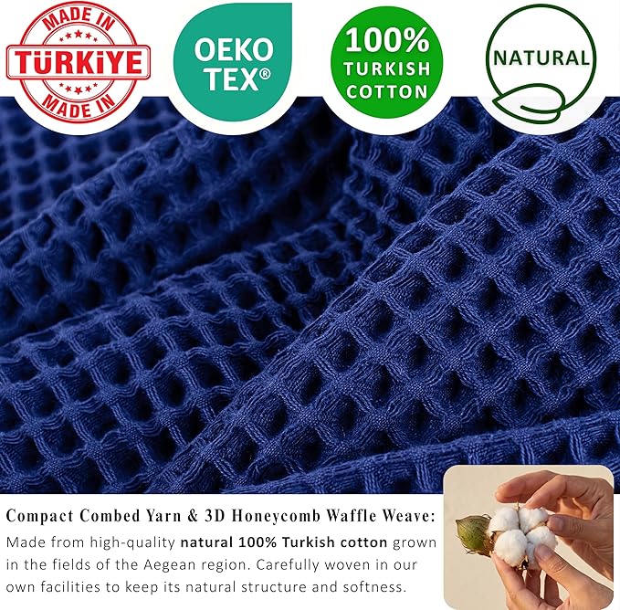 PÜSKÜL Natural 100% Turkish Cotton Waffle Kitchen Towels Set of 3 | Oeko-Tex, Premium Waffle Hand Towels for Bathroom | Soft Absorbent Quick-Dry Lint-Free Dish Towel Large 32x16 inch (3, Navy Blue)