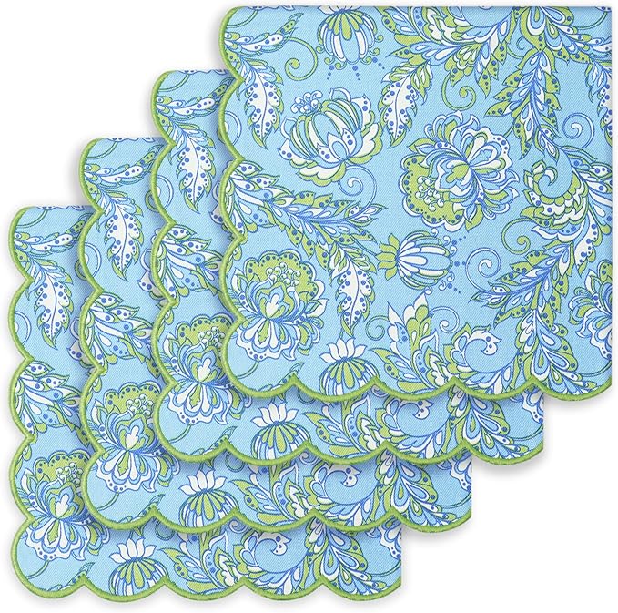 PurpleEssences Scalloped Embroidery Kalamkari Cloth Napkins - Spring Easter Summer - Table Decor - 100% Cotton - Set of 4-18x18 inch - Light Blue Edges - Sage Green