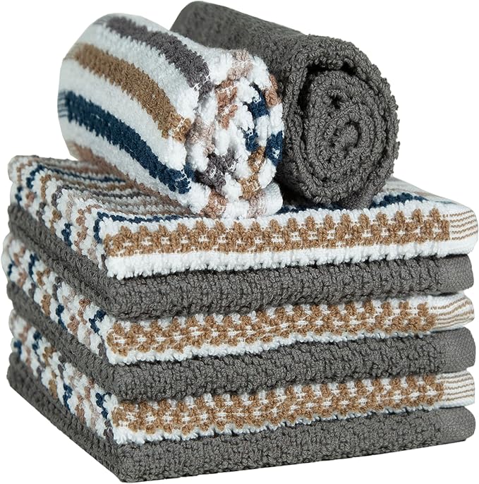 Bumble Premium Dish Cloths Towel 12"x12" | 100% Natural Ring Spun Cotton Tea Towel Set | 430 GSM | Highly Absorbent & Soft Dish Towels | 8 Pack - 4 Popcorn Wide Striped & 4 Solid Kitchen Towels - Gray
