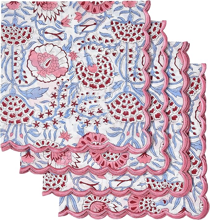 Ridhi Hand Block Print Pigeon Blue 18" x 18" (Set of 4) Embroidery Table Napkins Reusable Cotton Dinner Napkins for Weddings, Parties, Everyday Dining Gift for Spring, Easter, Valentine