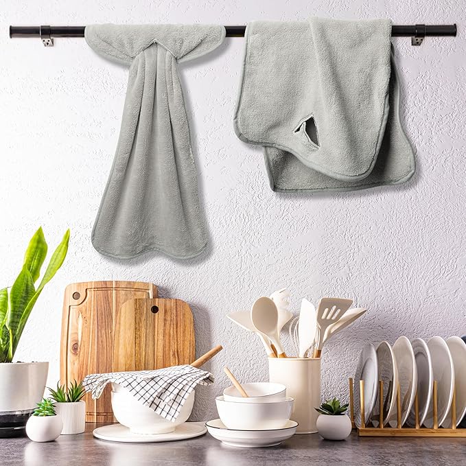 R HORSE 8Pcs Hanging Hand Towel with Loop, Grey Absorbent Coral Fleece Bathroom Hand Towel, Soft Thick Dish Cloth Decorative Quick Drying Dish Cloth, Washcloth for Kitchen Bathroom