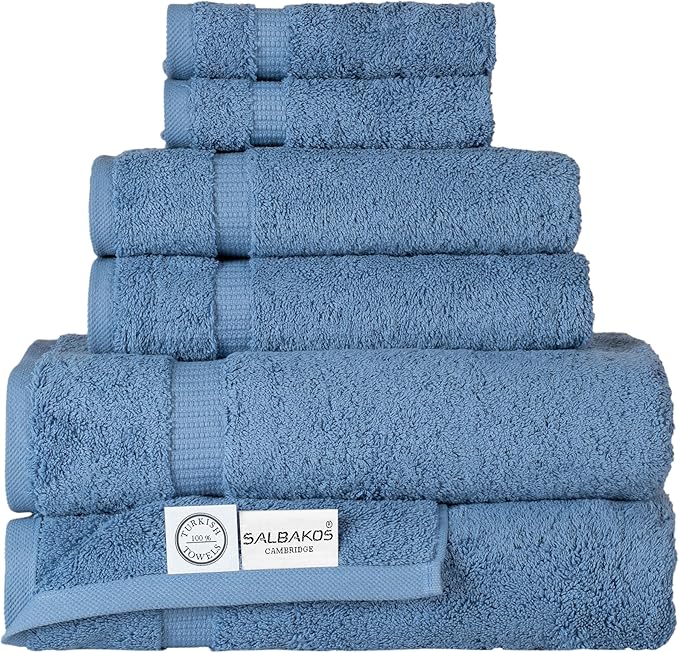SALBAKOS 100% Turkish Cotton 6-Piece Towel Set | Premium Quality Hotel & Spa Collection | Ultra Soft, Super Absorbent 2 Washcloth, 2 Hand, 2 Bath Towels Sets | Made in Turkey (Blue, 6 Piece Towel Set)
