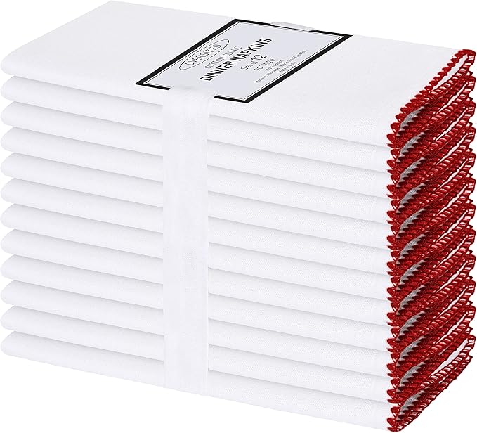 Cotton Clinic Cloth Napkins with Trim - Everyday Use Table Dinner Napkins - Soft Durable Washable - Ideal for Dinner Party Wedding Christmas Easter - Set of 12-20x20 inches Red White Napkins