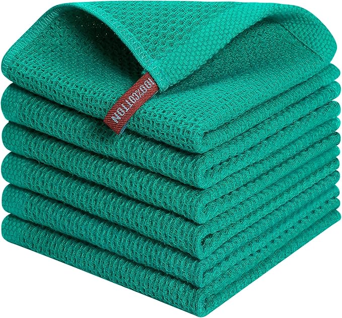 Kitinjoy 100% Cotton Kitchen Dish Cloths (12 X 12 Inches, Teal), 6 Pack Waffle Weave Ultra Soft Absorbent Dish Towels for Drying Dishes Quick Drying Kitchen Towels Dish Rags