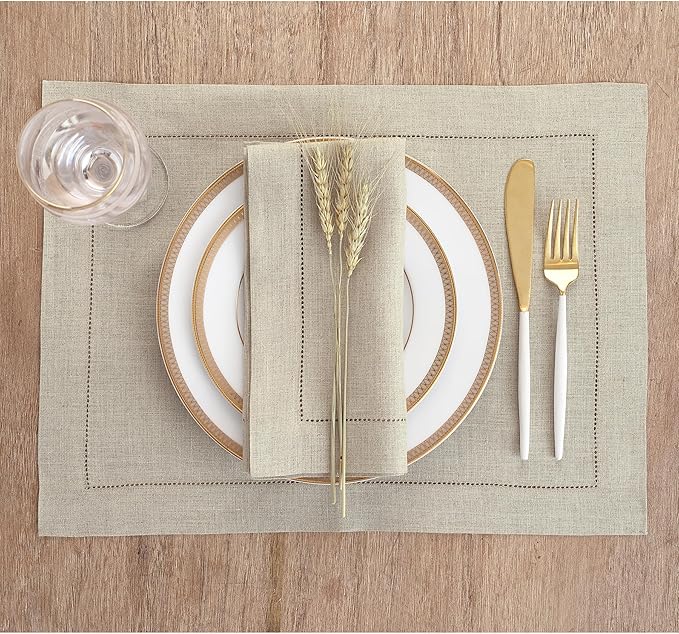 Solino Home Natural Linen Napkins Set of 6-100% Pure Linen Hemstitch Dinner Napkins 20 x 20 Inch for Spring, Summer, Mothers Day - Classic Hemstitch